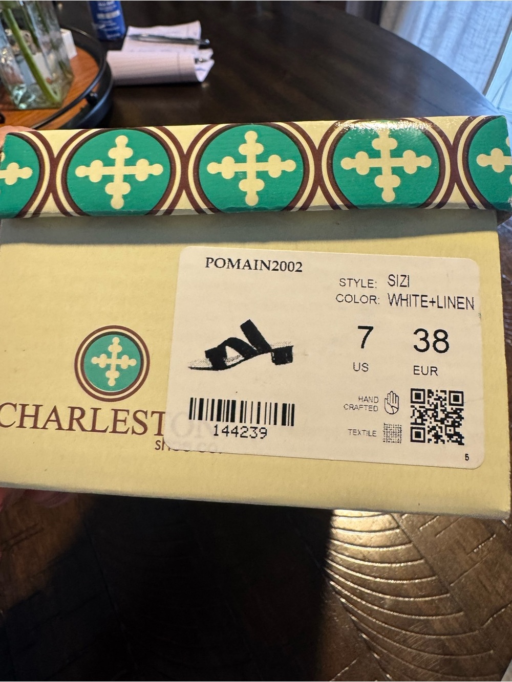 CHARLESTON SHOE CO. White & Linen Sizi Sandal Box with Teal Accent Logo
